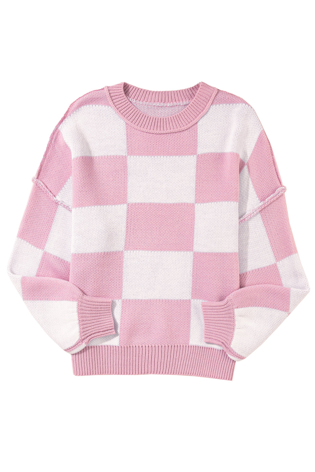 Rose Checkered Bishop Sleeve Pullover Sweater