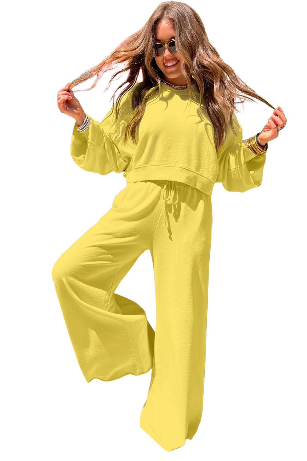 Bright Green Drop Shoulder Crop Pullover Drawstring Wide Leg Pants Set