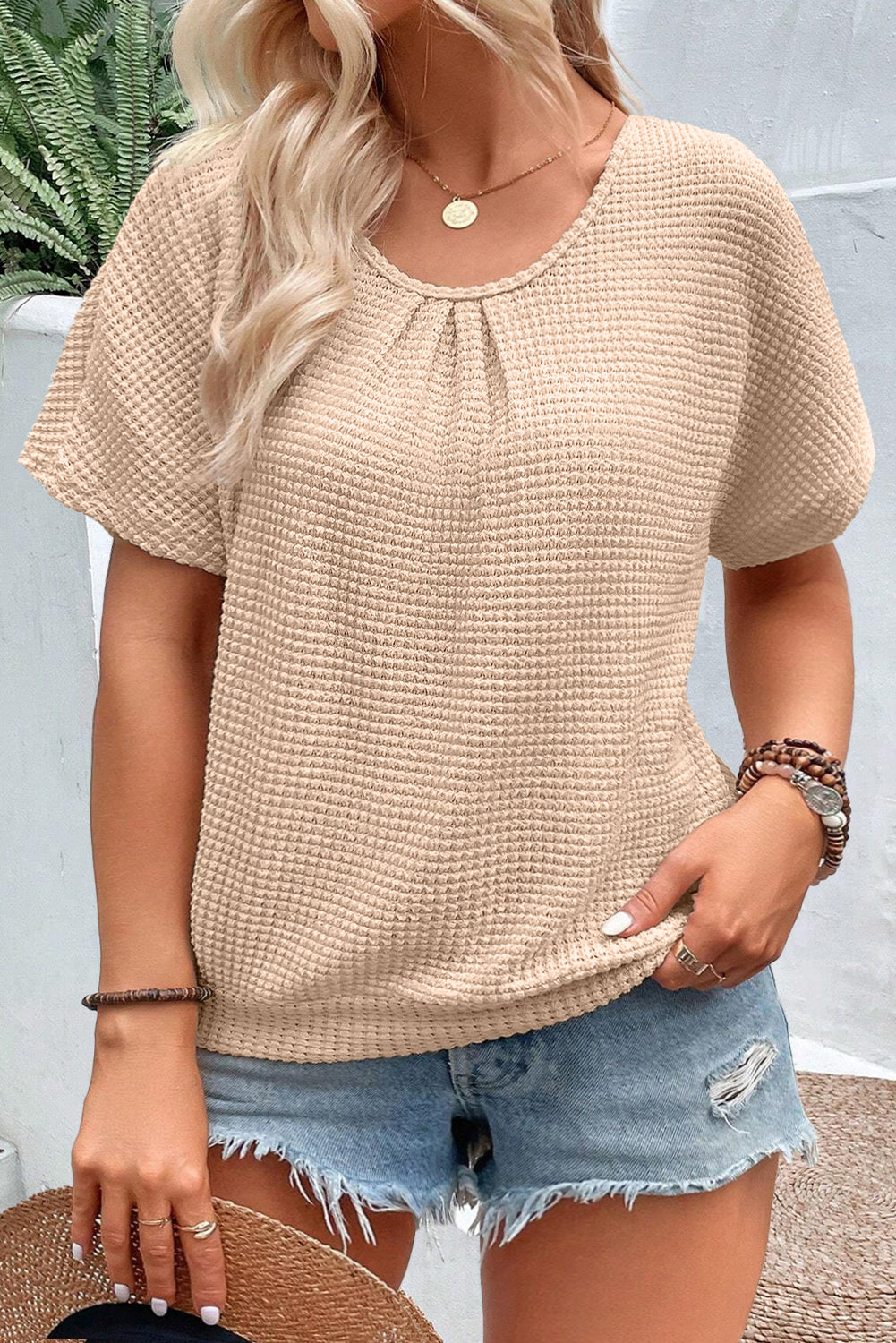 Beige Hollowed Lace Applique Plus Size Waffle T Shirt