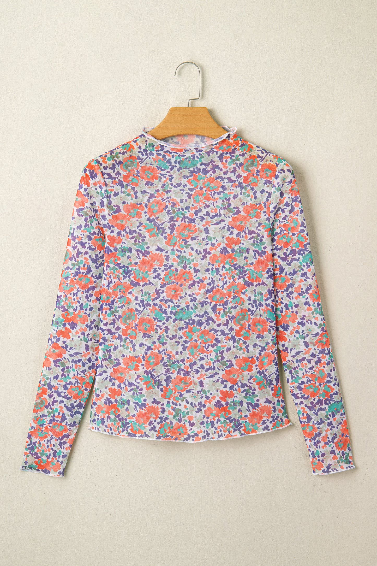 Blue Floral Print Slim Fit Mesh Long Sleeve Mock Neck Top