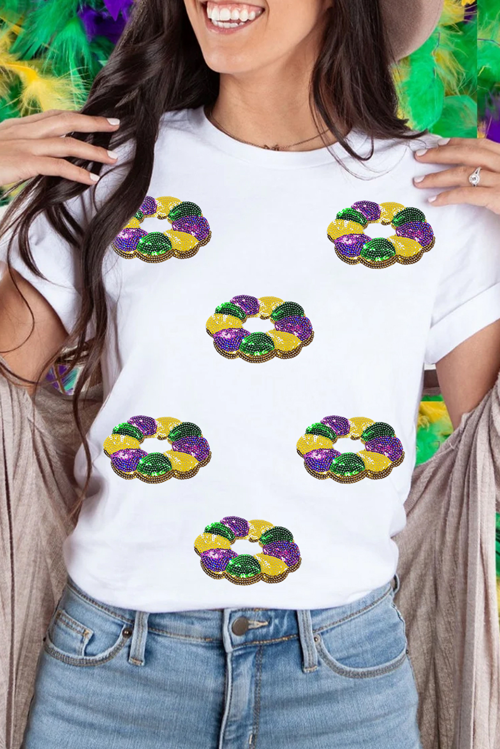 White Sequined Mardi Gras Pattern Crew Neck Tee