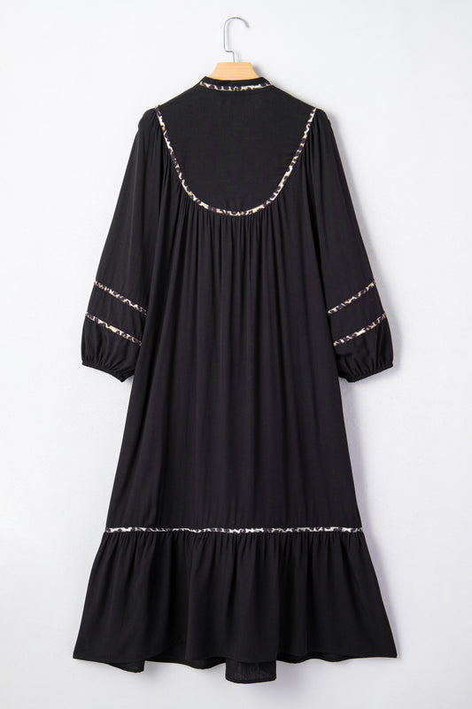 Black Contrast Leopard Trim Split Neck Long Sleeve Casual Midi Dress