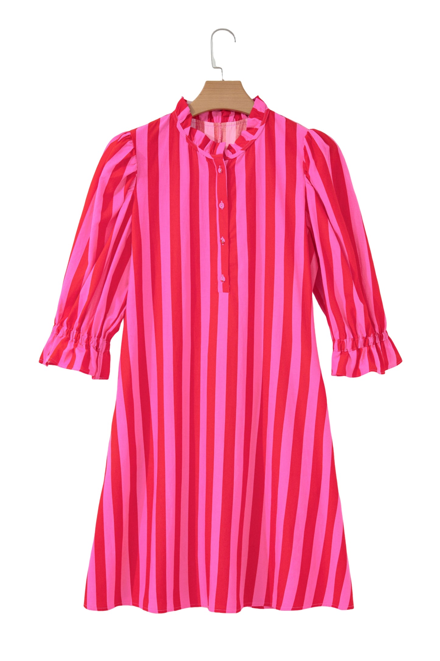 Rose Stripe Frilled Collar Button Neck Short Sleeve Curvy Mini Dress