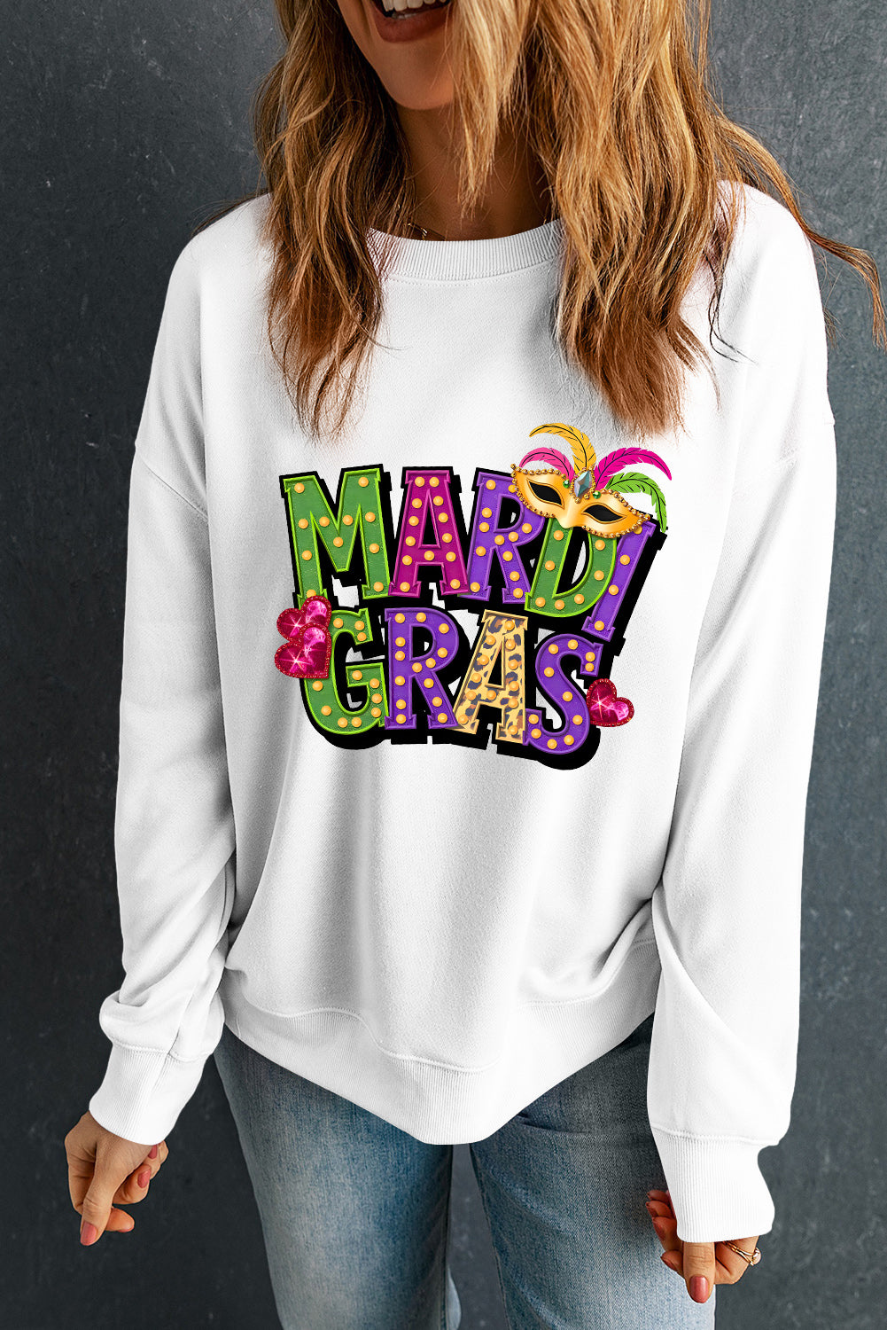 White MARDI GRAS Graphic Heat Transfer Pullover Sweatshirt