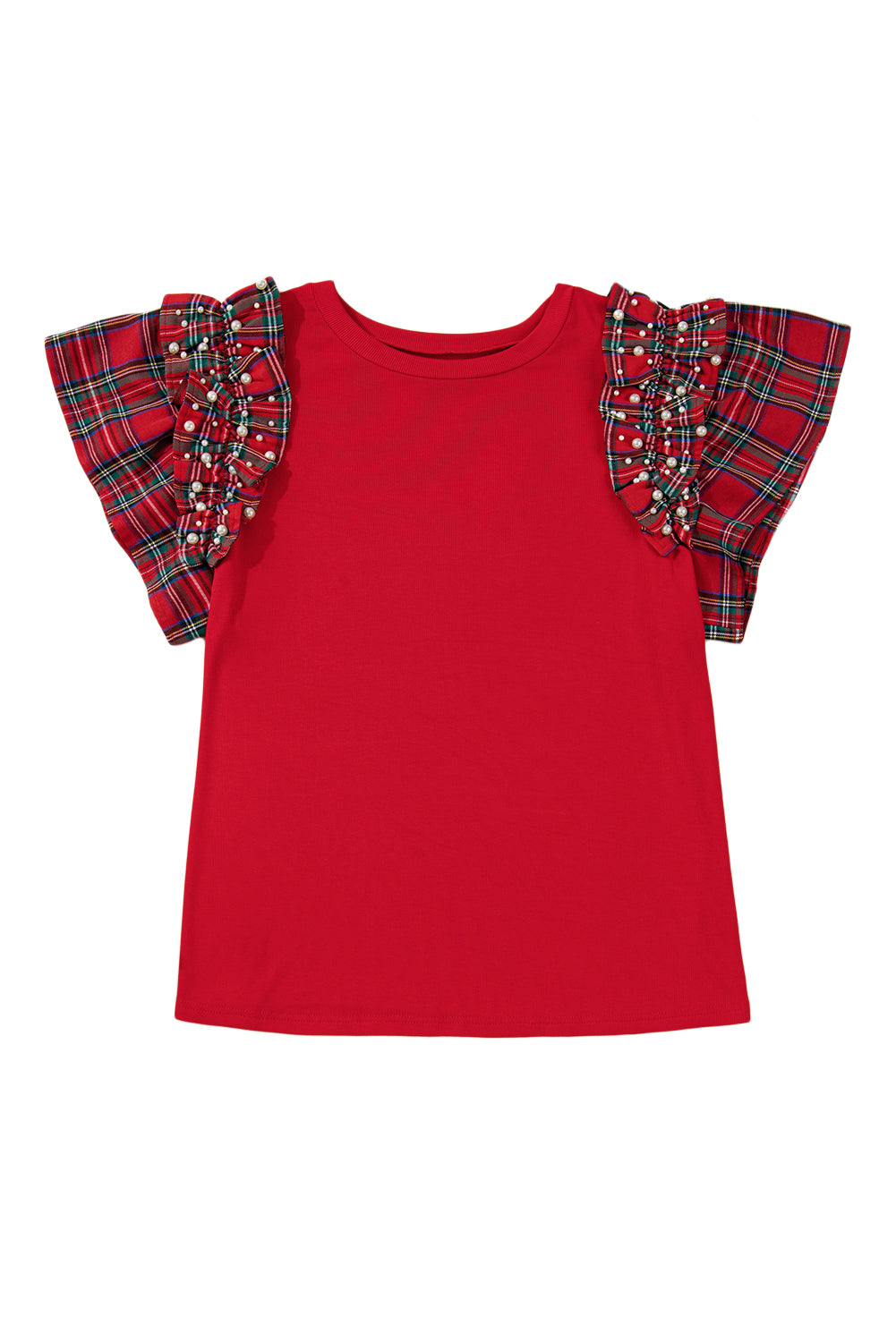 Racing Red Plaid Pearl Ruffled Sleeve Knitted Christmas Holiday Plus Size Top