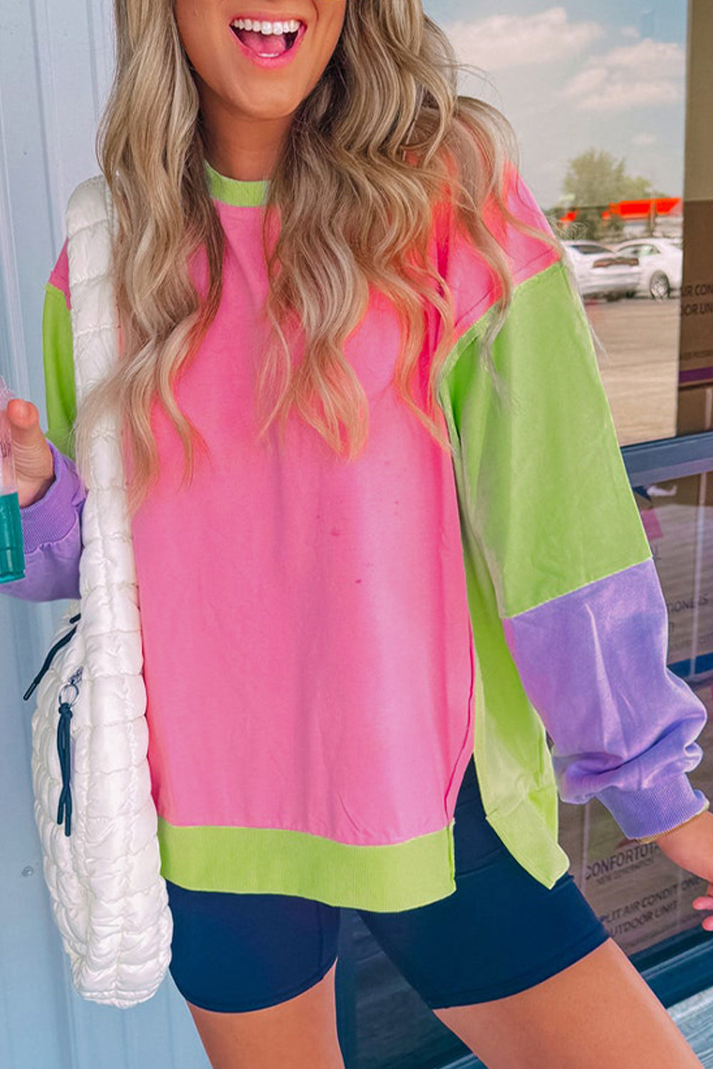 Pink Colorblock Patchwork Oversized Sweatshirt