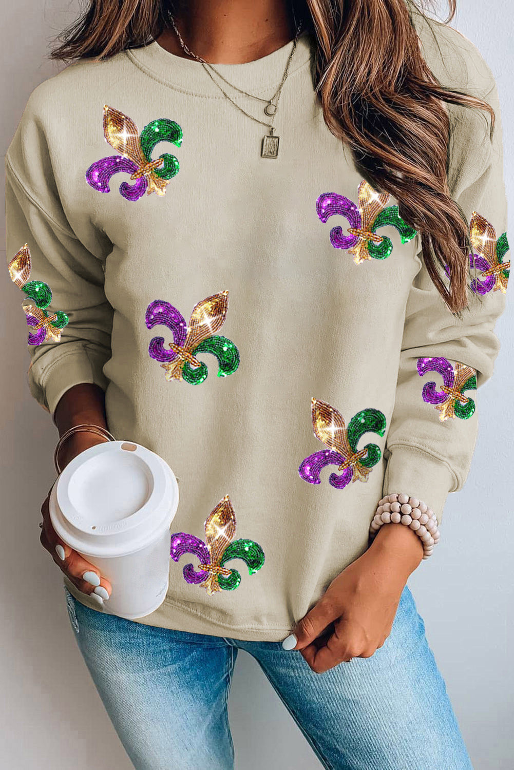 Khaki Sequin MARDI GRAS Graphic Pullover Sweatshirt