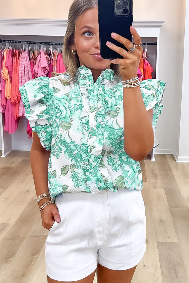 Spring Floral Print Ruffle Sleeve Frill Shirt
