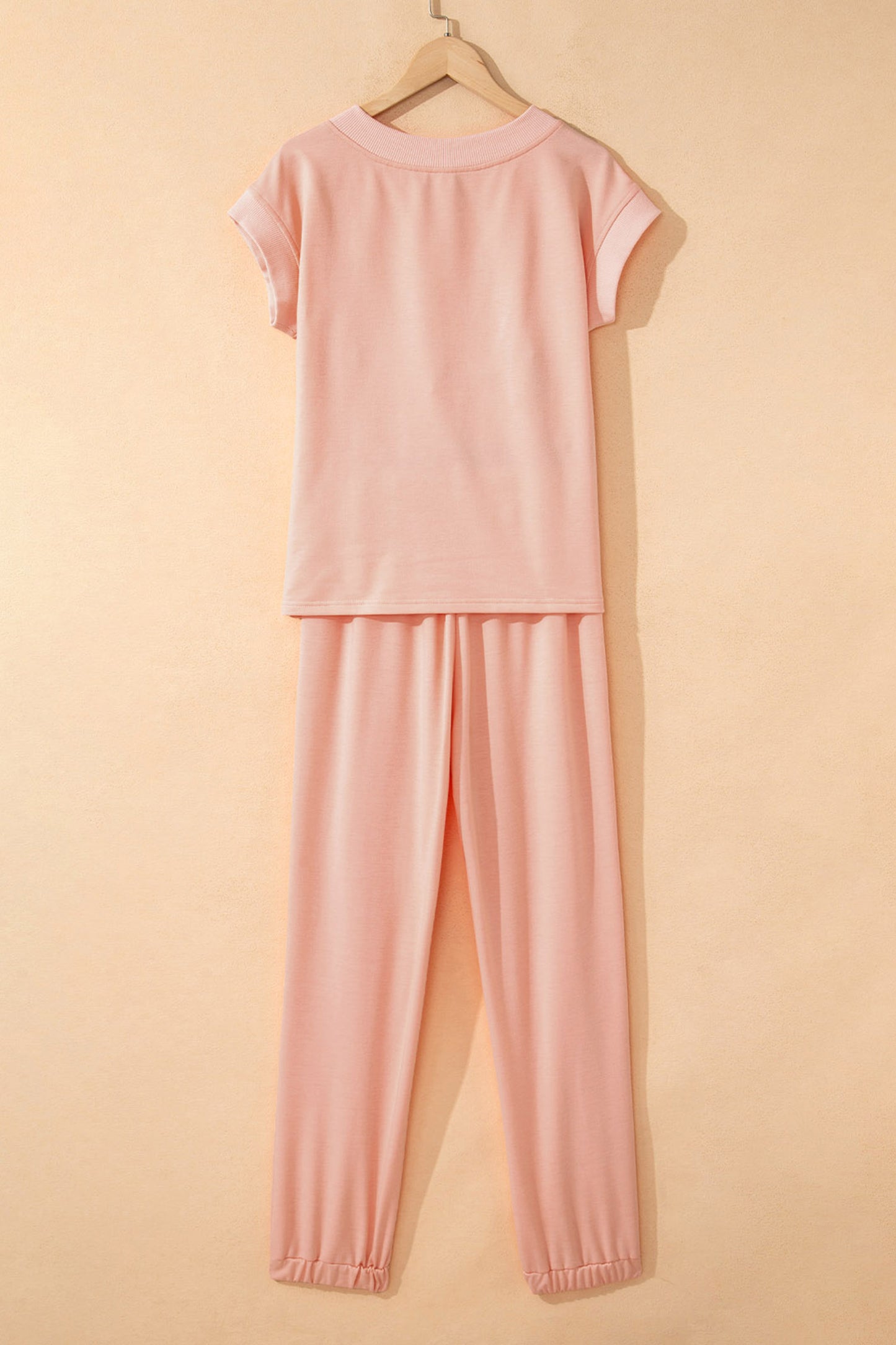 Mint Green Solid Color V Neck Tee Drawstring Pant Set