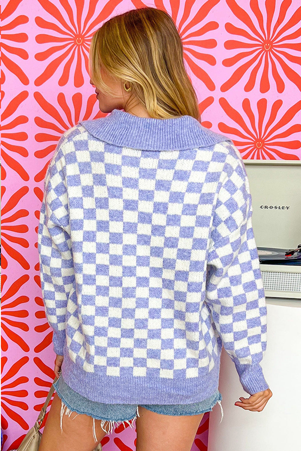 Purple Checkered Collared Buttons Plus Size Sweater