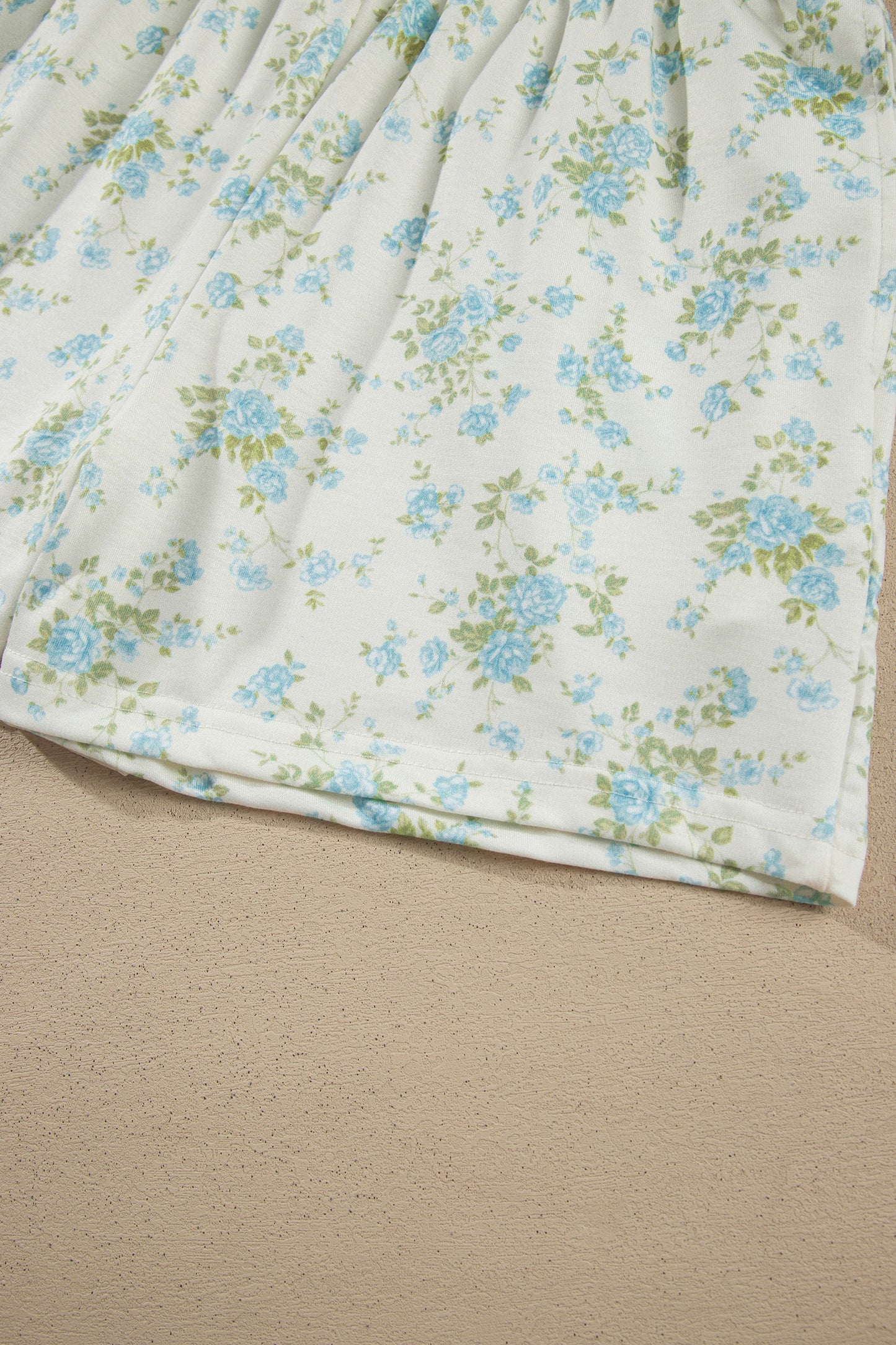 Sky Blue Floral Print Short Sleeve Elastic Waist Pocket Two Piece Set