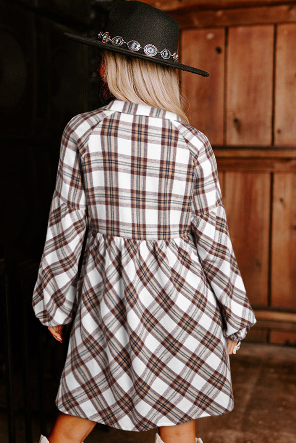 White Plaid Bubble Sleeve Flowy Shirt Dress