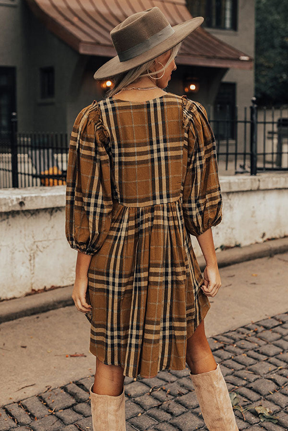 Brown Plaid Pattern Empire Waist Babydoll Dress