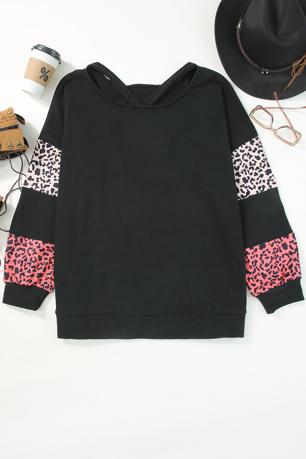 Black Plus Size Leopard Patchwork Strappy Neck Top