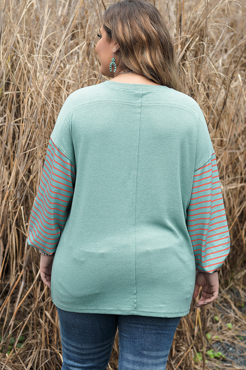 Grass Green Plus Size Striped Long Sleeve Colorblock Top