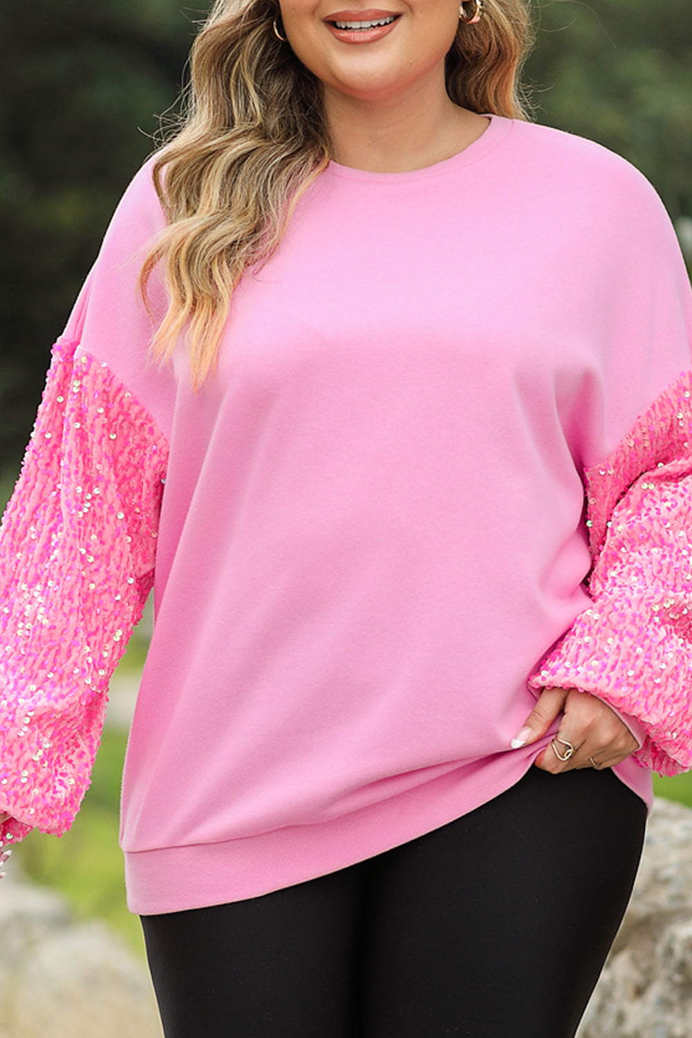 Pink Plus Size Sequin Sleeve Drop Shoulder Sweatshirt