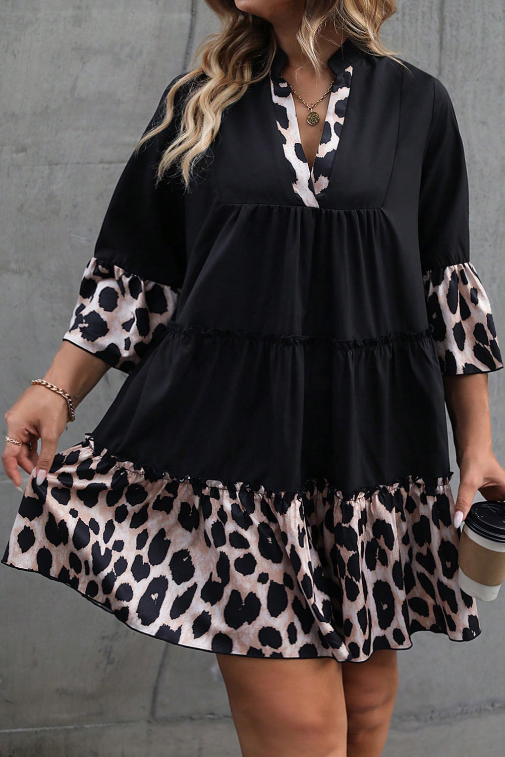 Black Leopard Patchwork Ruffle Plus Size Dress