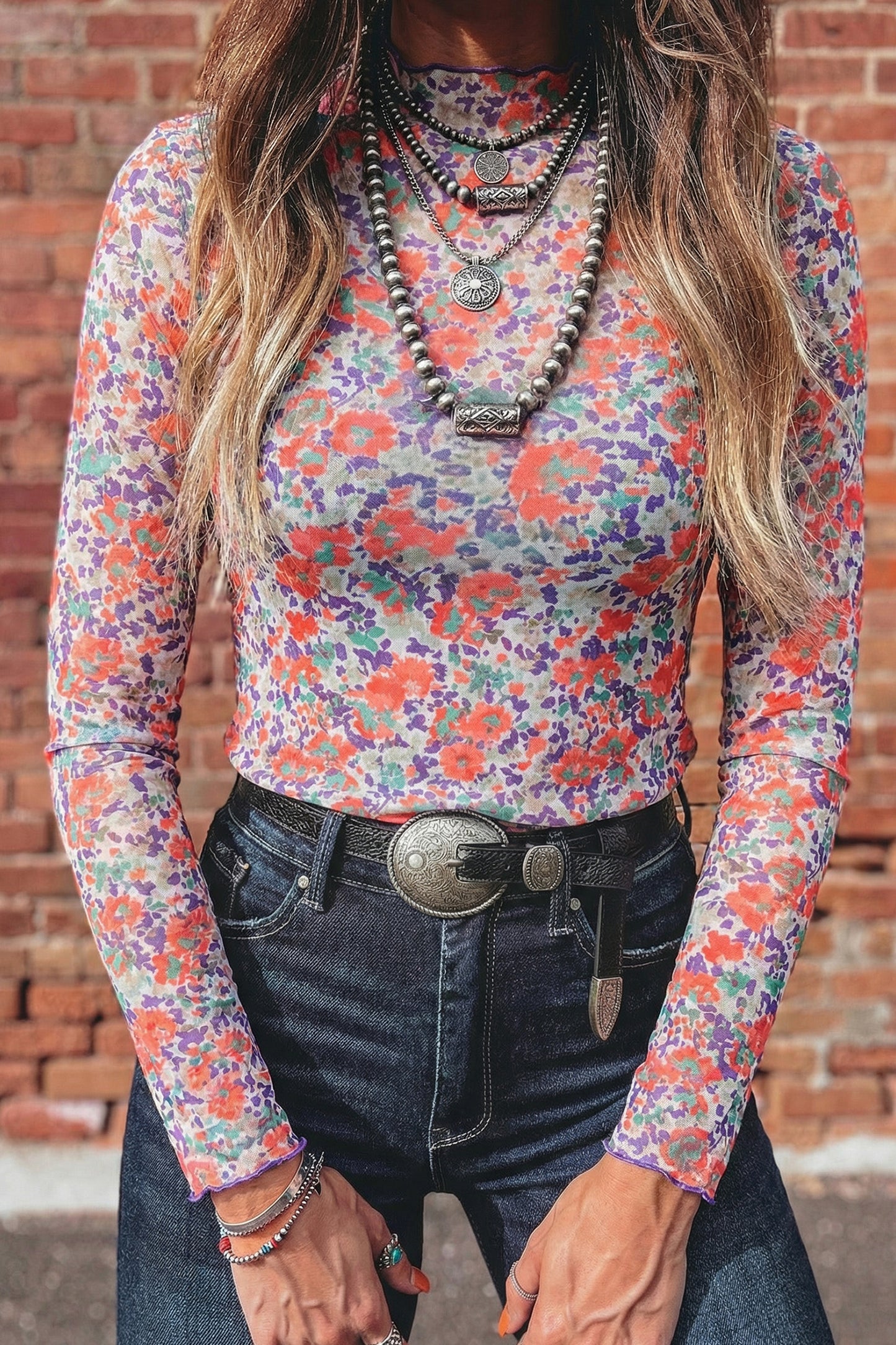 Blue Floral Print Slim Fit Mesh Long Sleeve Mock Neck Top