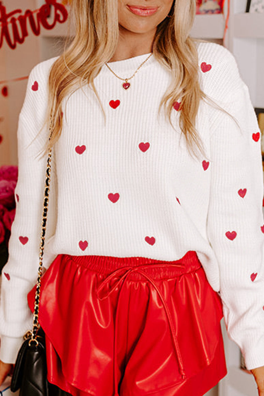 White Heart Pattern Drop Shoulder Round Neck Sweater