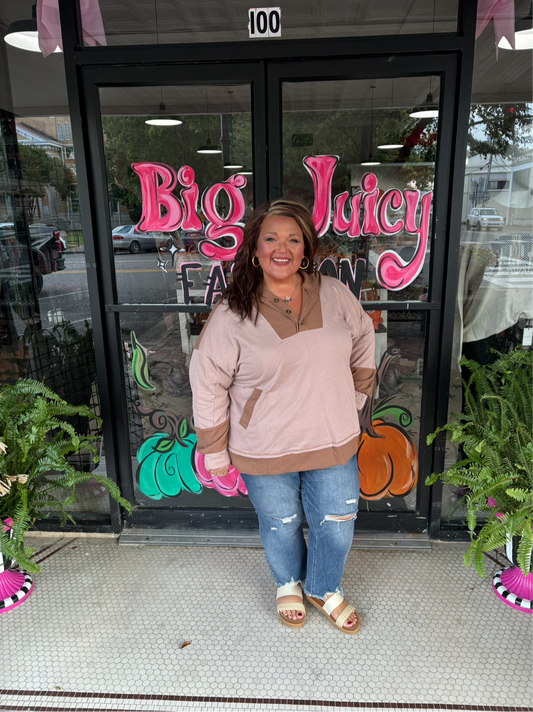 Goat Waffle Patchwork Plus Size Pocketed Hoodie