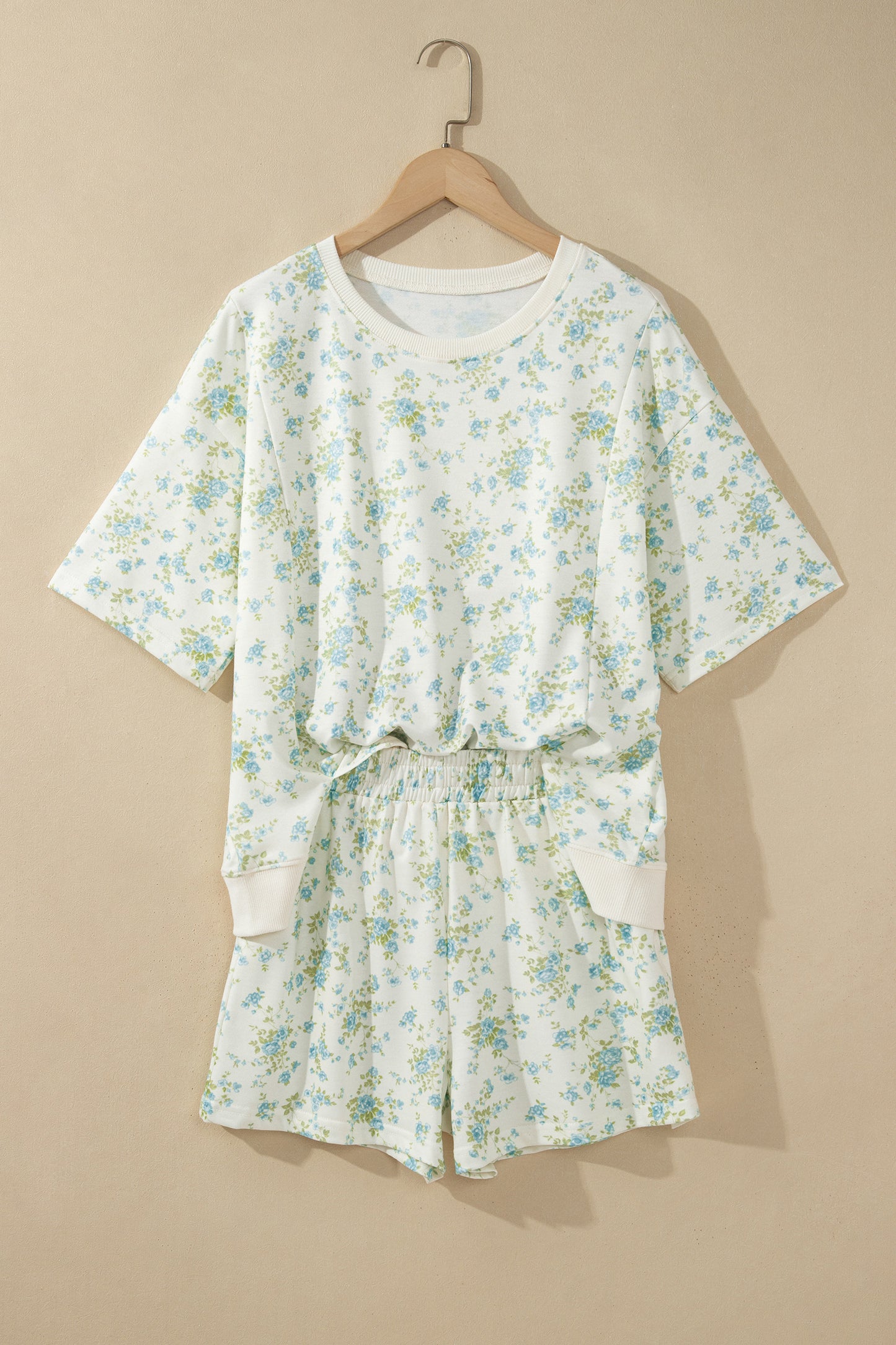 Sky Blue Floral Print Short Sleeve Elastic Waist Pocket Two Piece Set