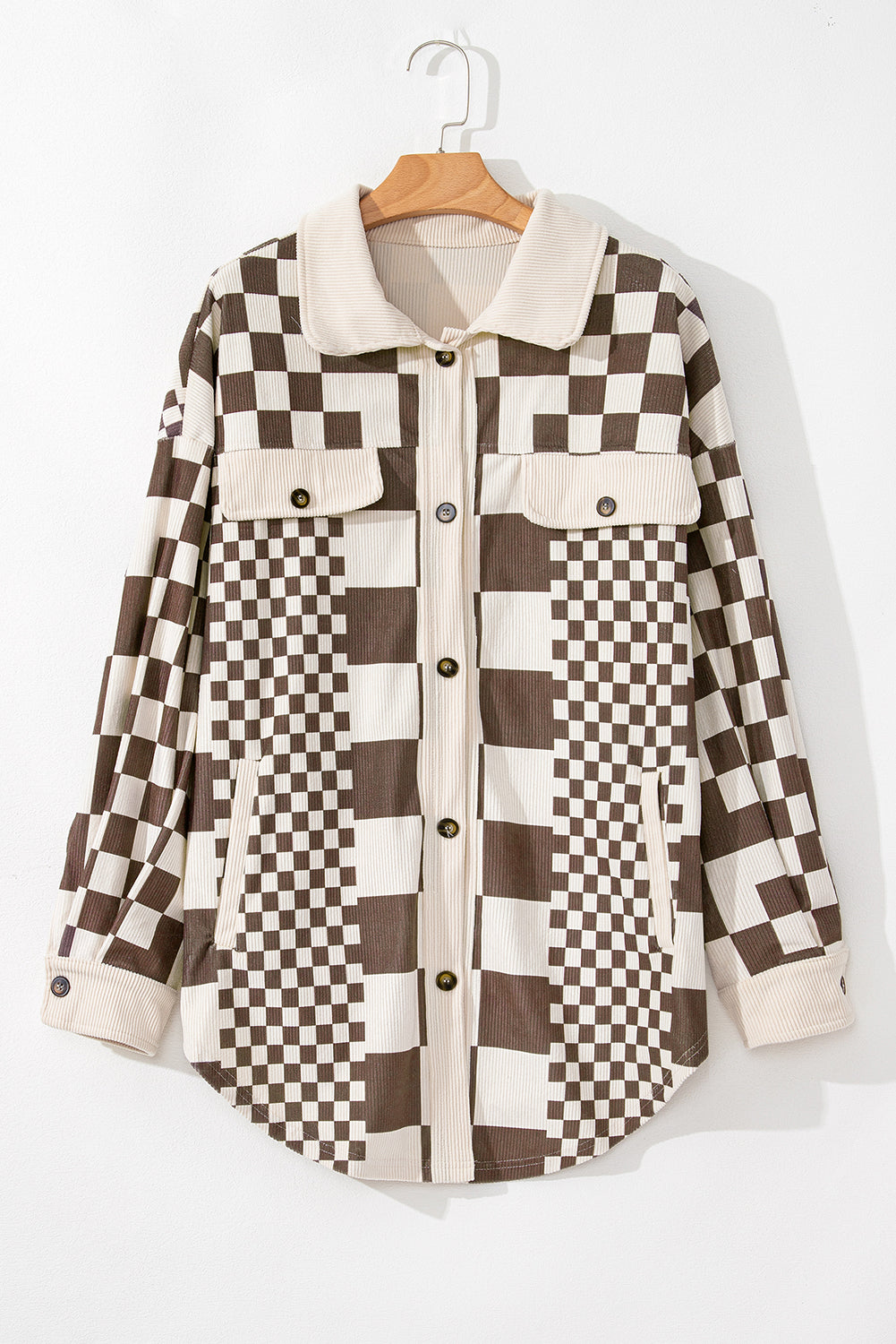 Brown Checkered Print Corduroy Plus Size Shacket