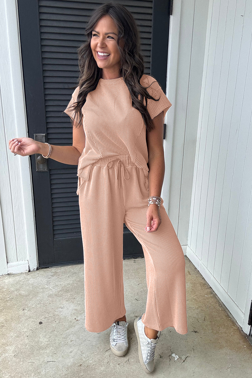 Bright Pink Solid Corded Short Sleeve T Shirt and Wide Leg Pants Set