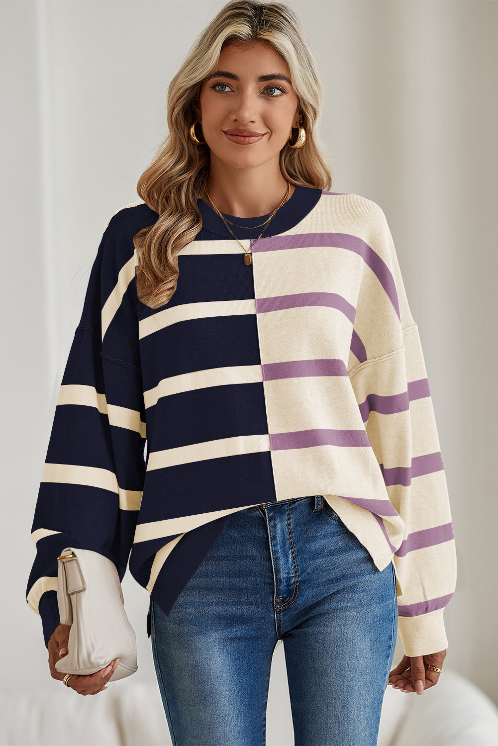 Khaki Stripe Exposed Seam Loose Sweatshirts