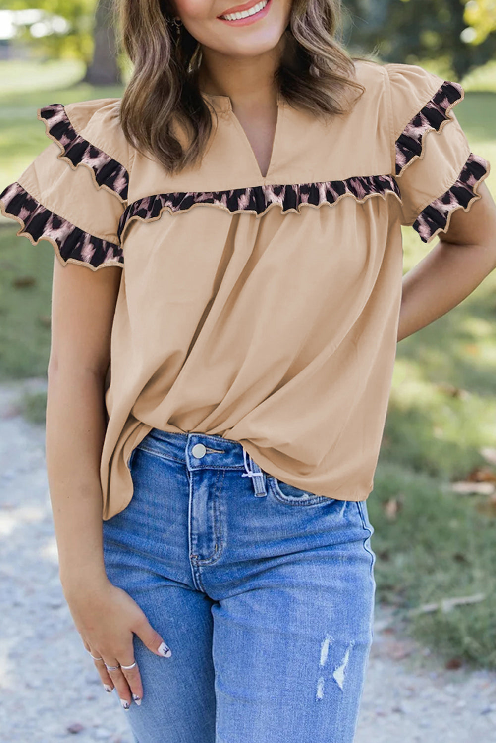 Smoke Gray Leopard Frill Detail V Neck Blouse