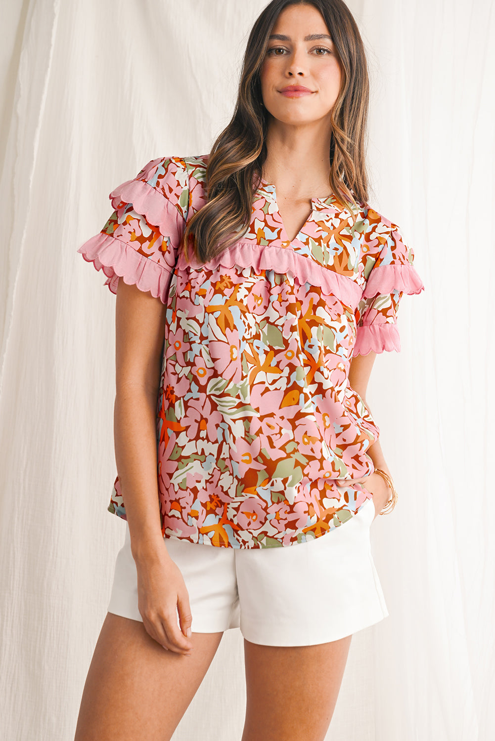 Multicolour Boho Floral V-Neck Ruffle Blouse