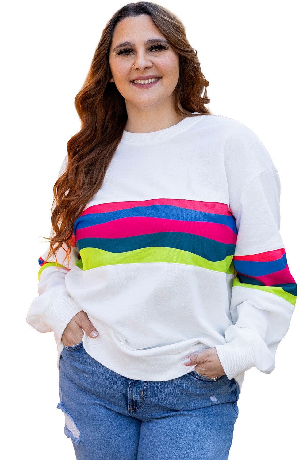 White Colorful Stripe Plus Size Sweatshirt