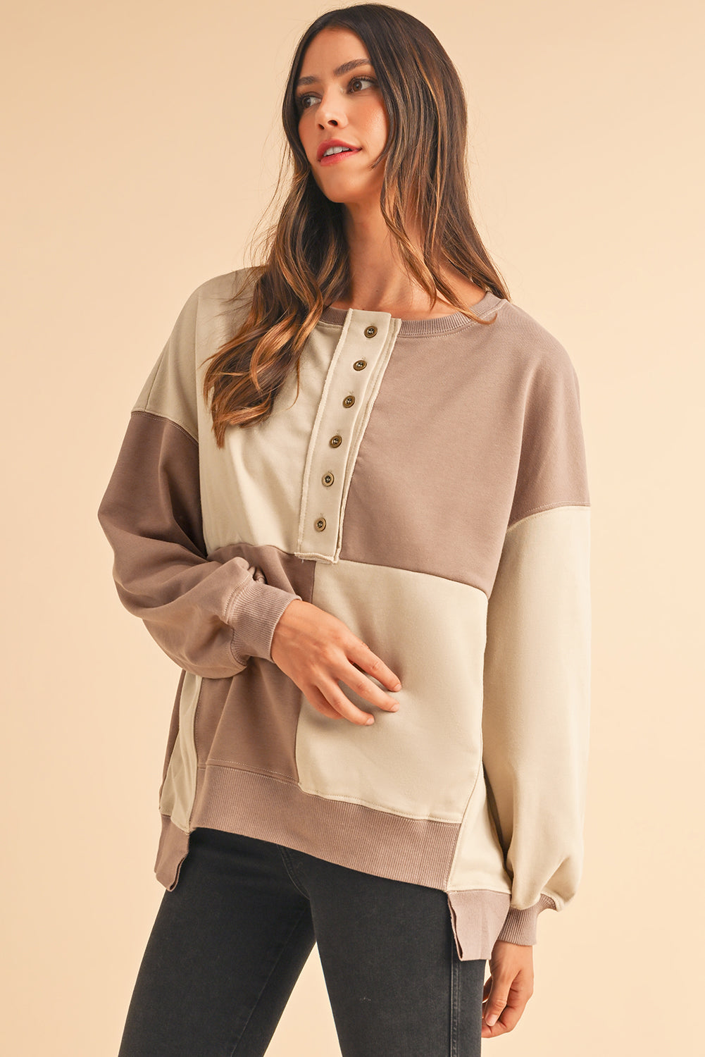 Pink Colorblock High Low Loose Henley Sweatshirt