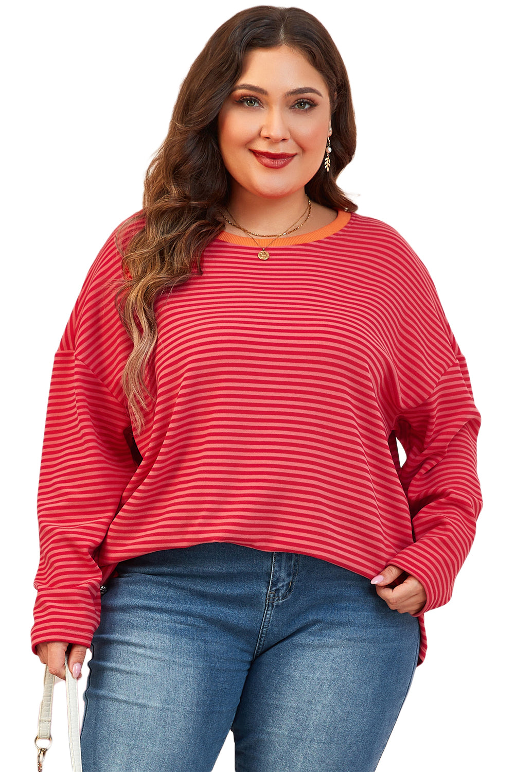 Orange Stripe Plus Size Drop Shoulder Long Sleeve Top