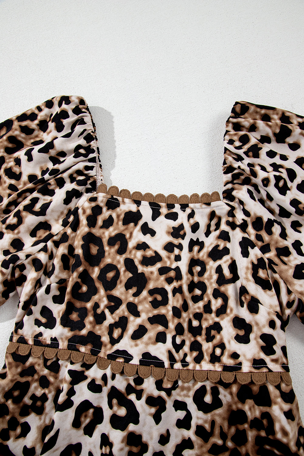 Brown Leopard Print Puff Sleeve Ricrac Maxi Dress