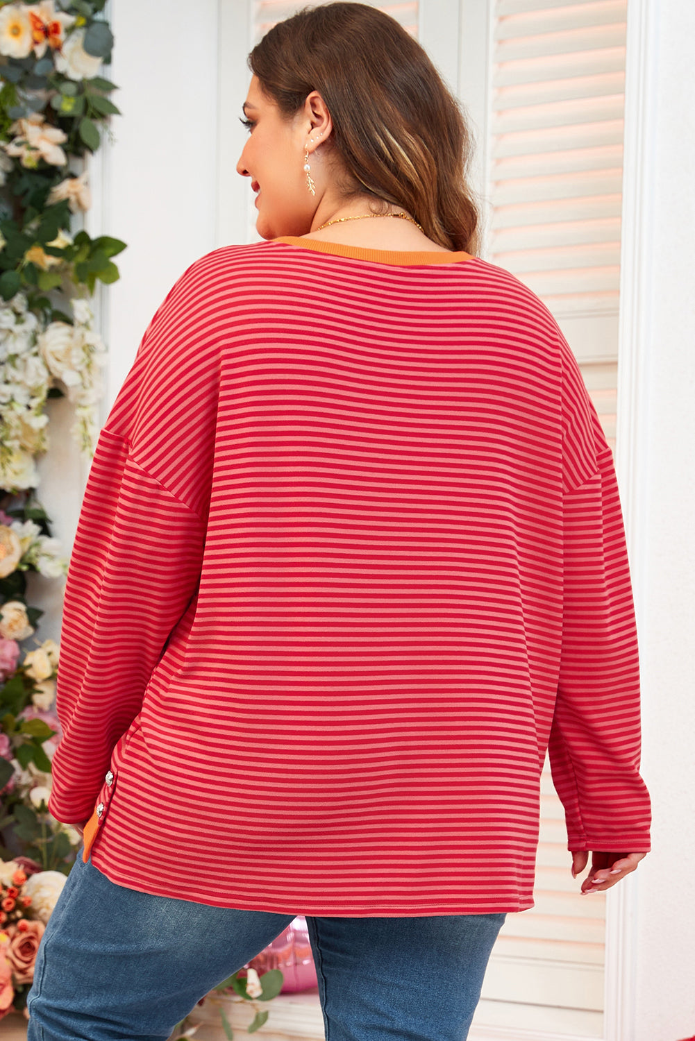 Orange Stripe Plus Size Drop Shoulder Long Sleeve Top