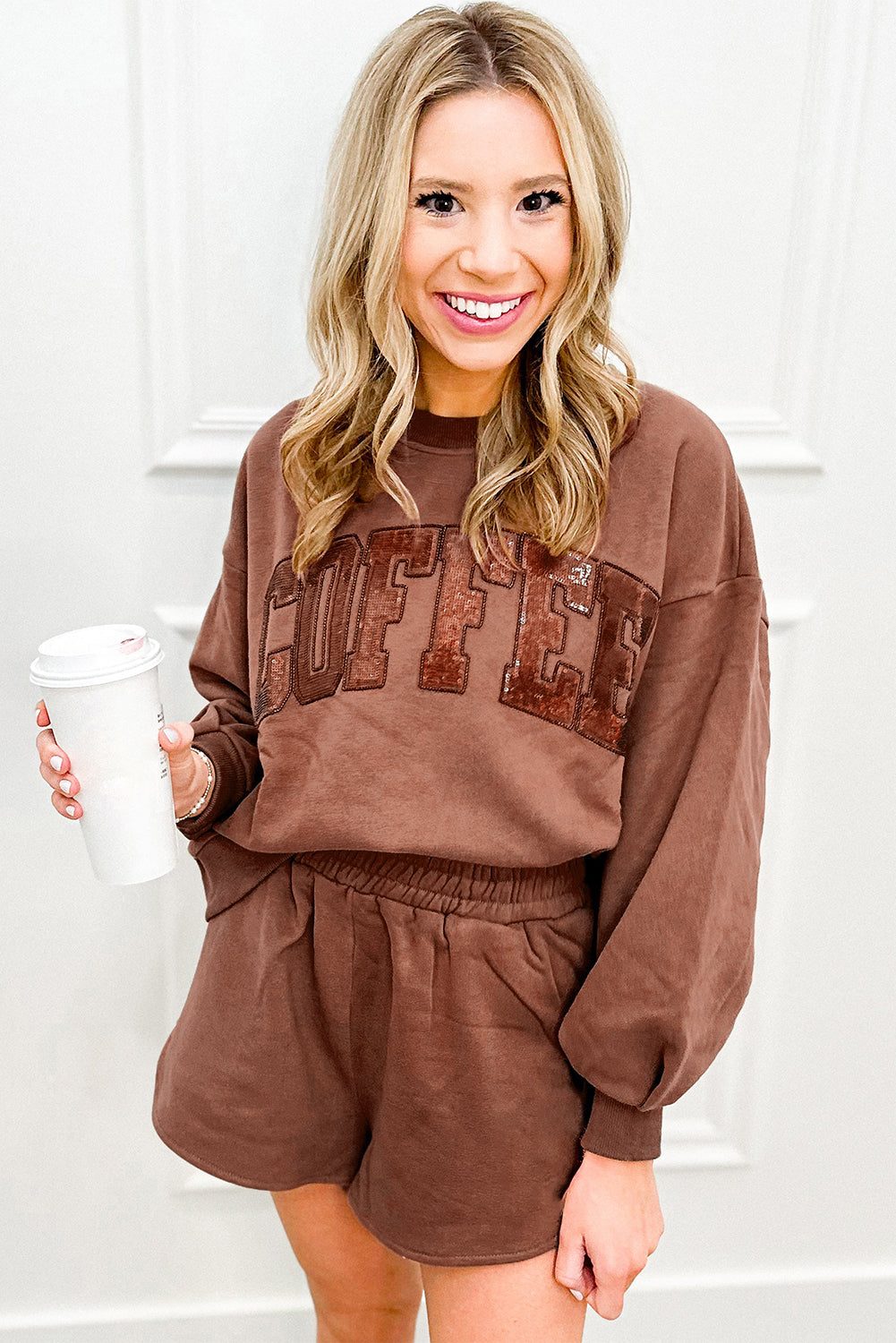 Sequins COFFEE Loose Fit Sweatshirt and Shorts Set