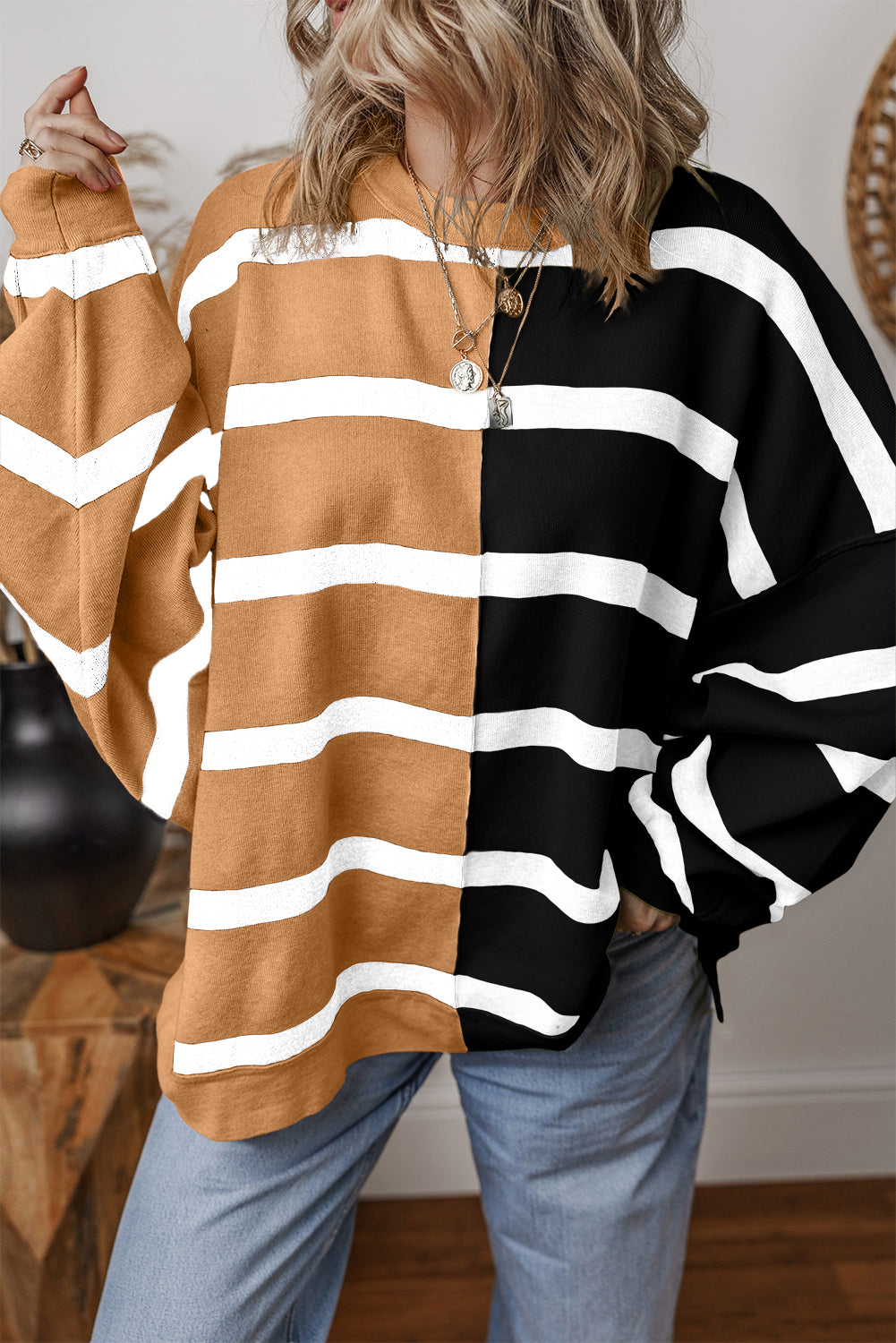 Khaki Stripe Exposed Seam Loose Sweatshirts