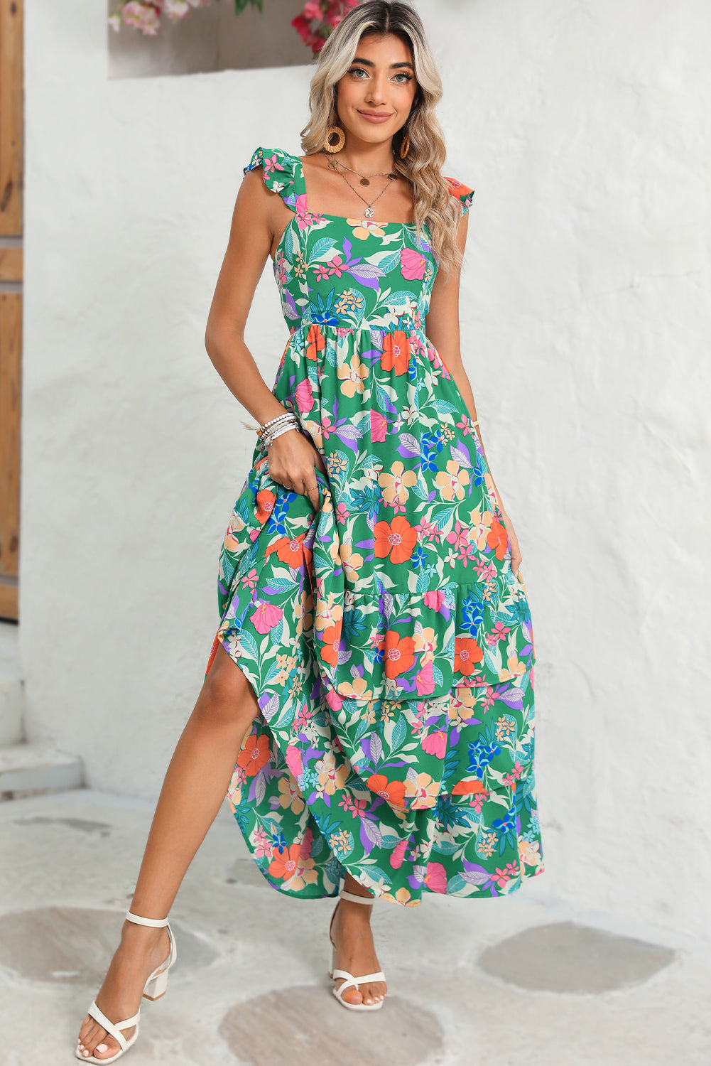 Pink Floral Print Sleeveless Ruffle Tiered Maxi Dress