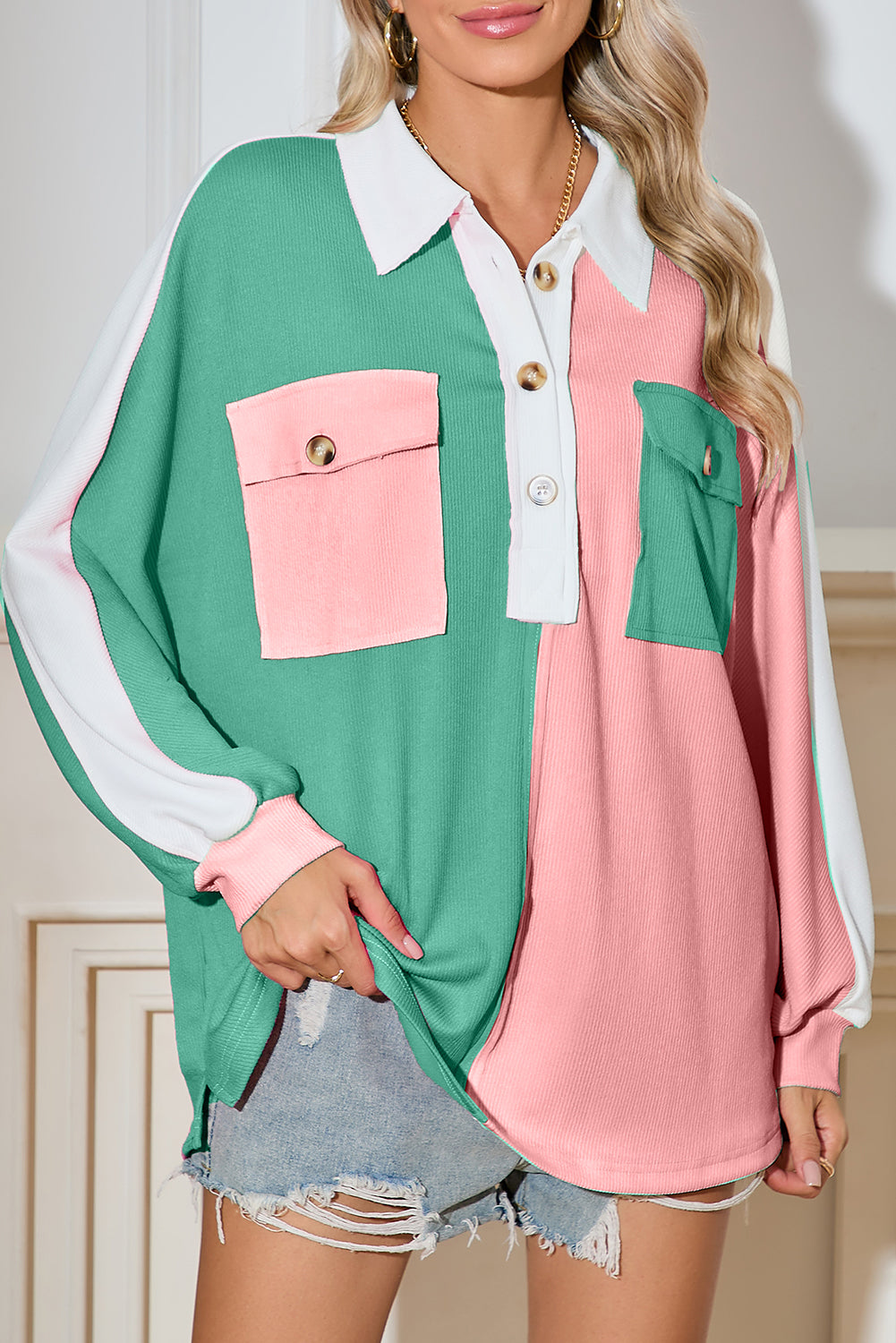 Rose Red Colorblock Patchwork Ribbed Oversized Henley Sweatshirt