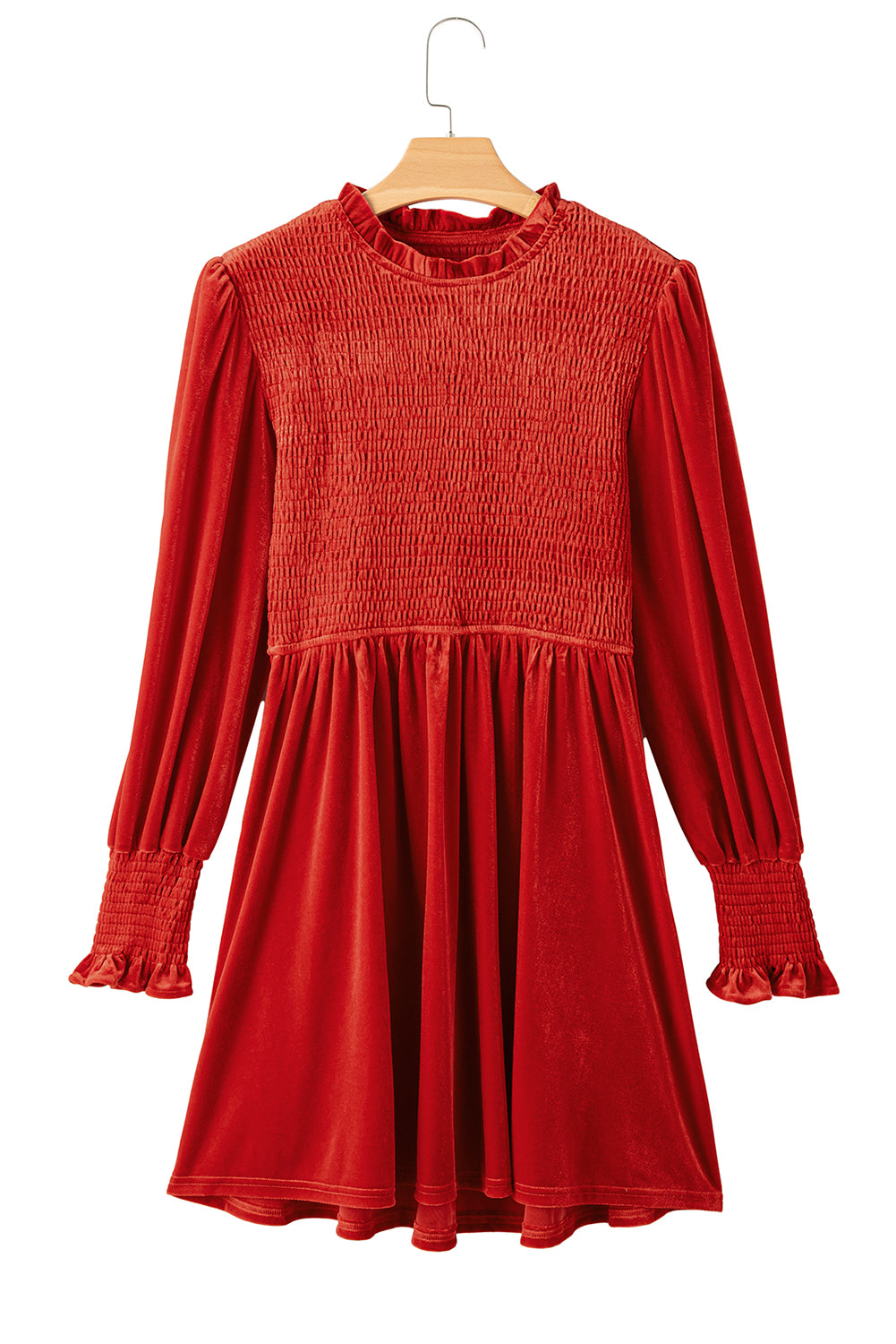 Rose Red Smocked Lantern Sleeve Frilled Velvet Dress