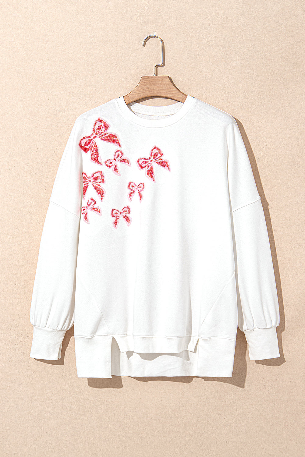 White Sequin Bowknot High Low Oversize Sweatshirt