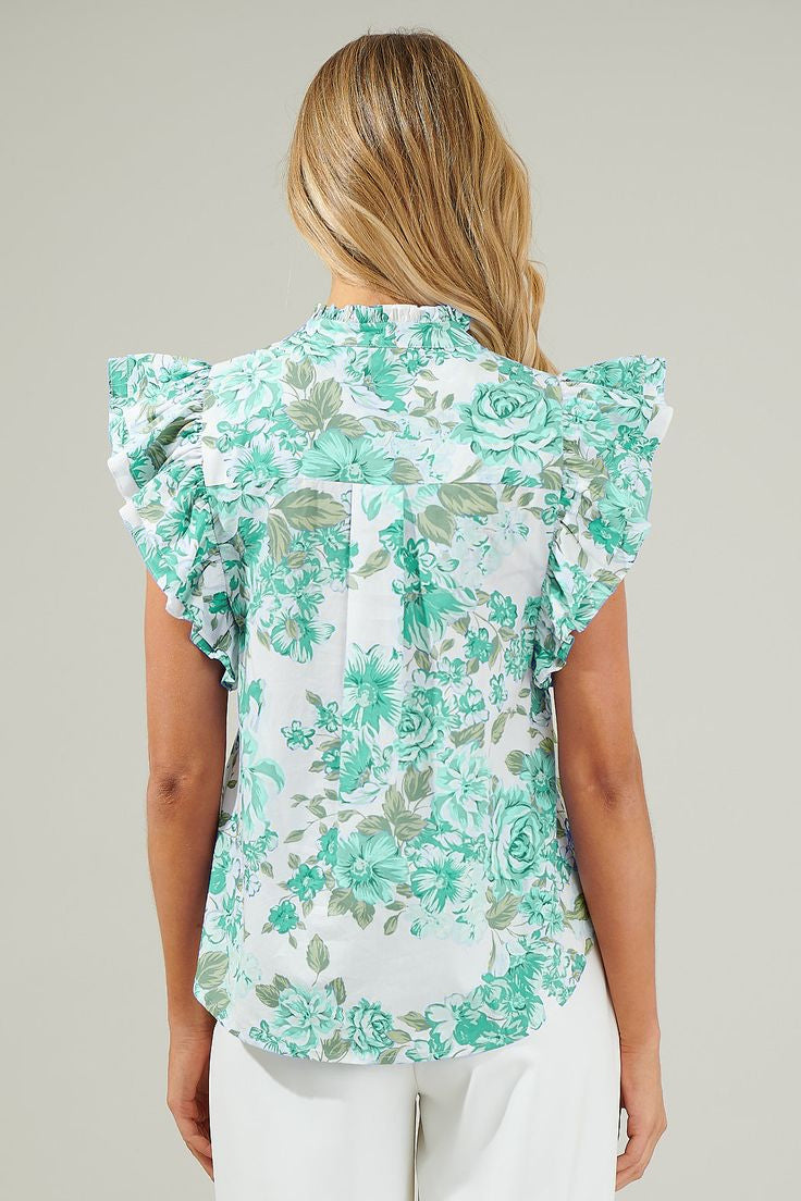 Spring Floral Print Ruffle Sleeve Frill Shirt