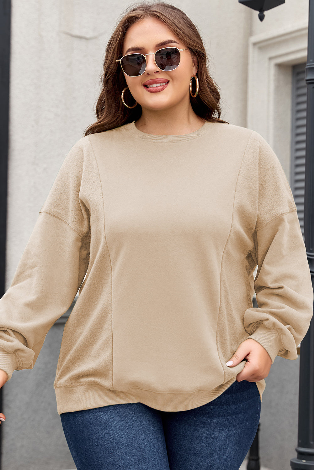 Blackish Green Loose Patchwork Crewneck Plus Size Sweatshirt