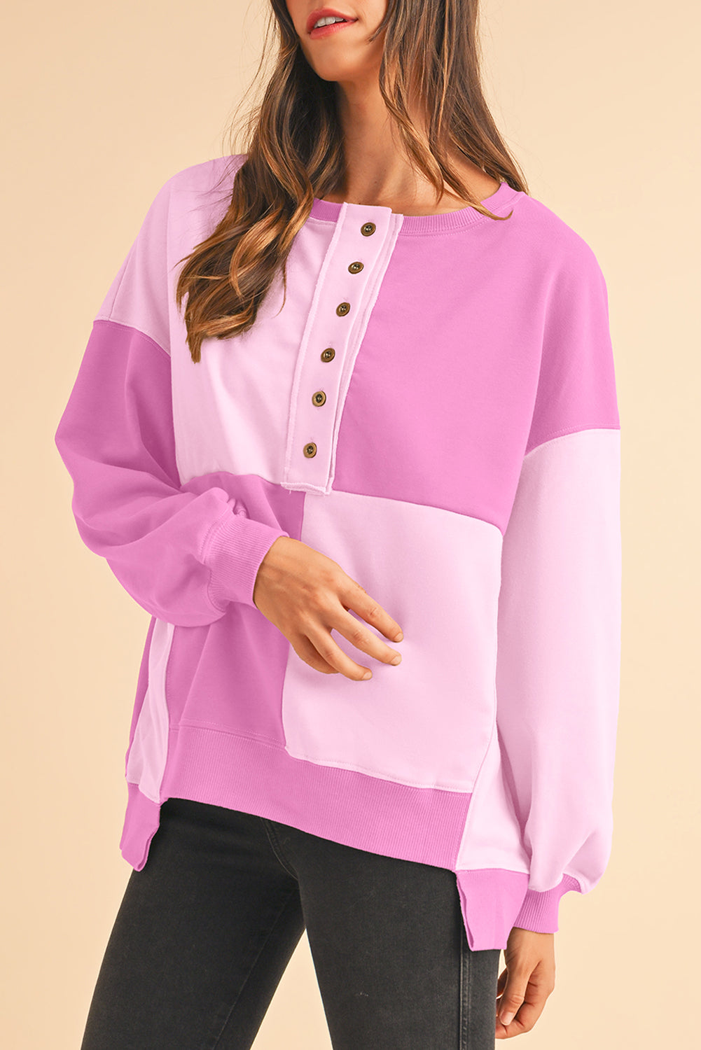 Pink Colorblock High Low Loose Henley Sweatshirt