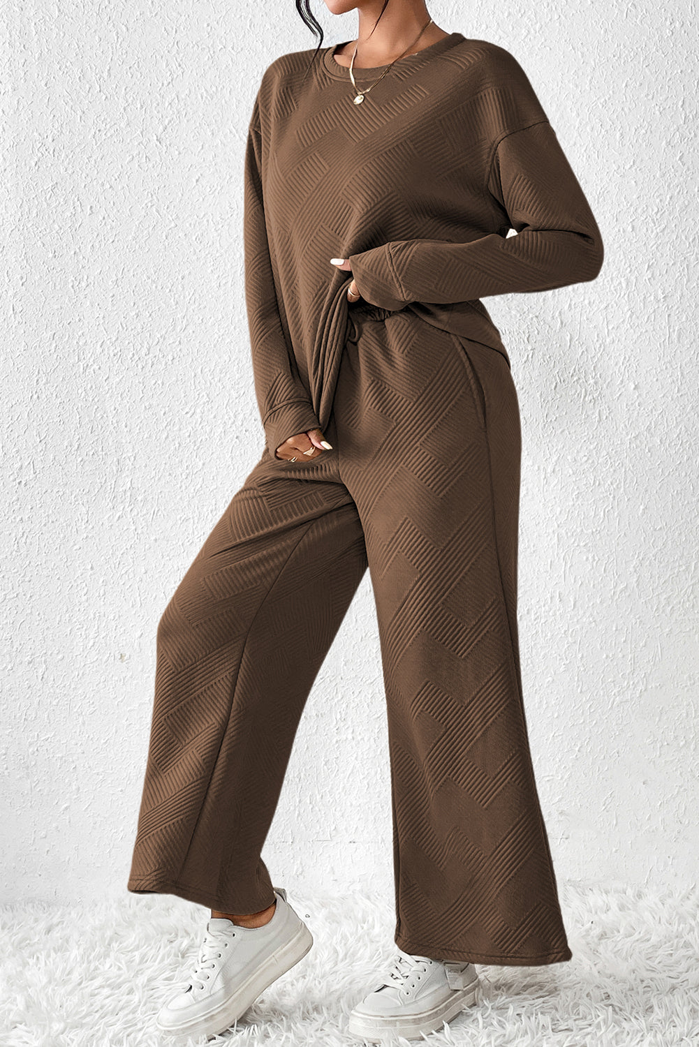 Dark Brown Textured Loose Slouchy Long Sleeve Top and Pants Set