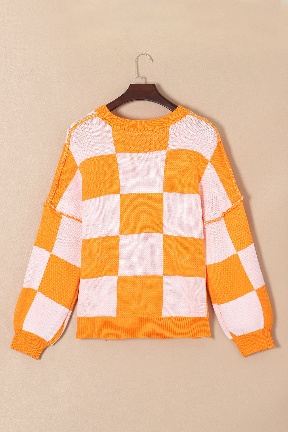 Rose Checkered Bishop Sleeve Pullover Sweater