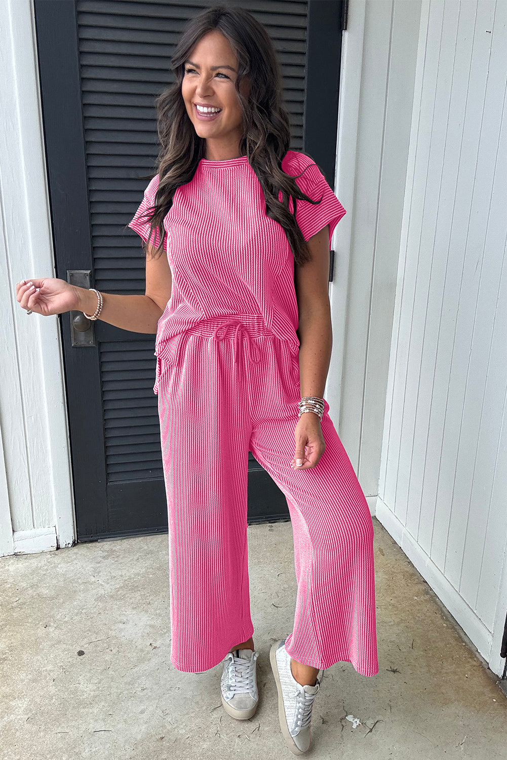 Bright Pink Solid Corded Short Sleeve T Shirt and Wide Leg Pants Set