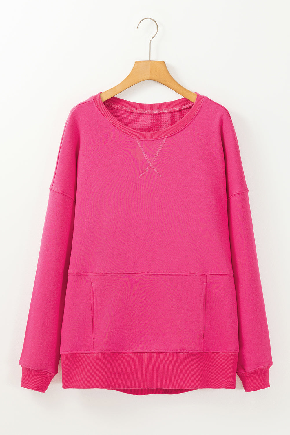 Rose Red Kangaroo Pocket Loose Fit Drop Shoulder Sweatshirt