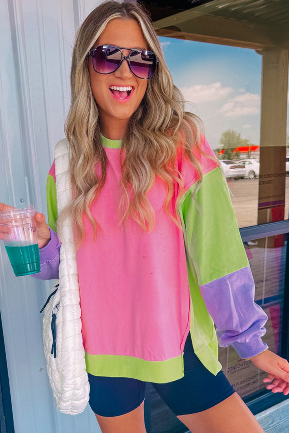 Pink Colorblock Patchwork Oversized Sweatshirt