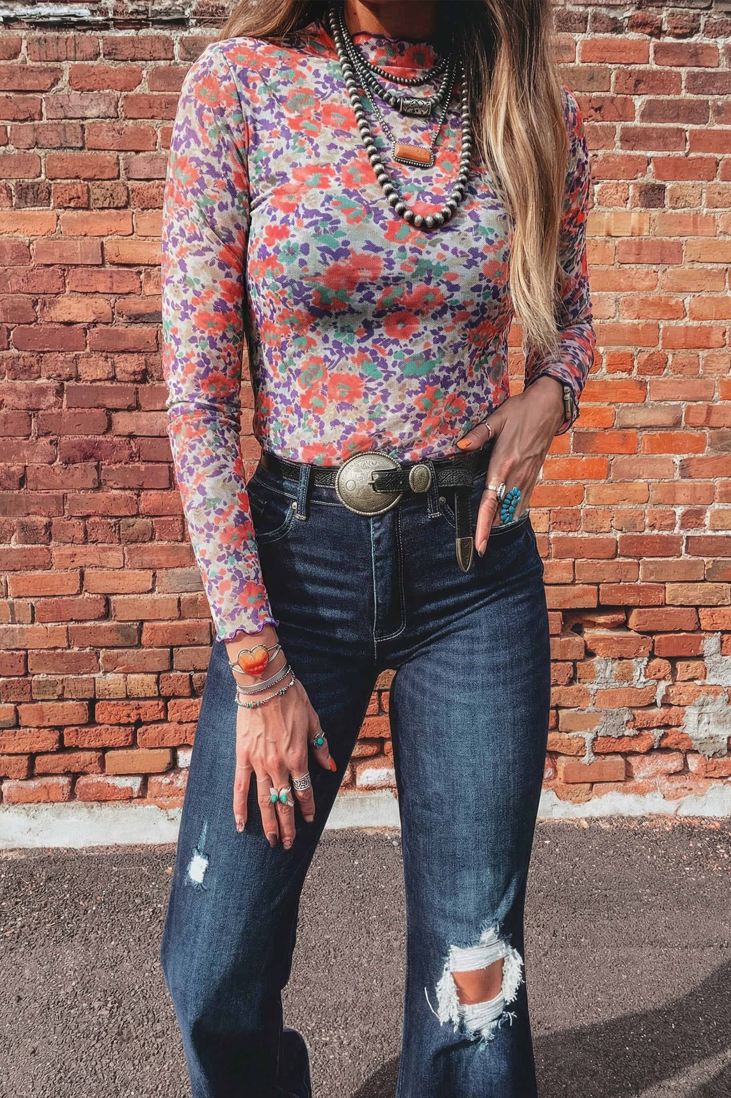 Blue Floral Print Slim Fit Mesh Long Sleeve Mock Neck Top